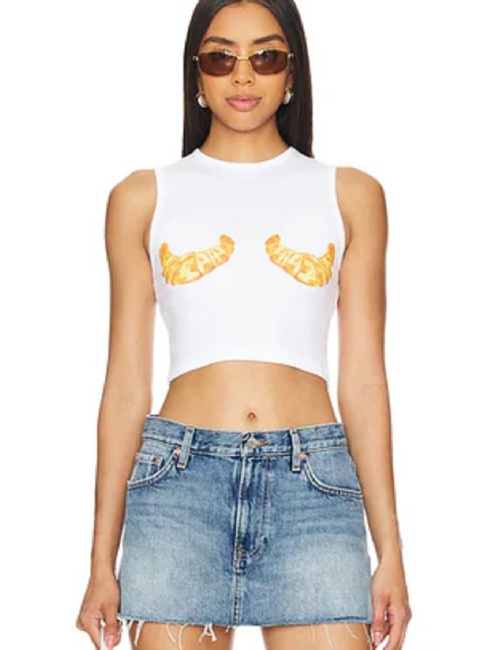 Lovers and Friends White Cropped Tank Top with Orange Croissant Graphic